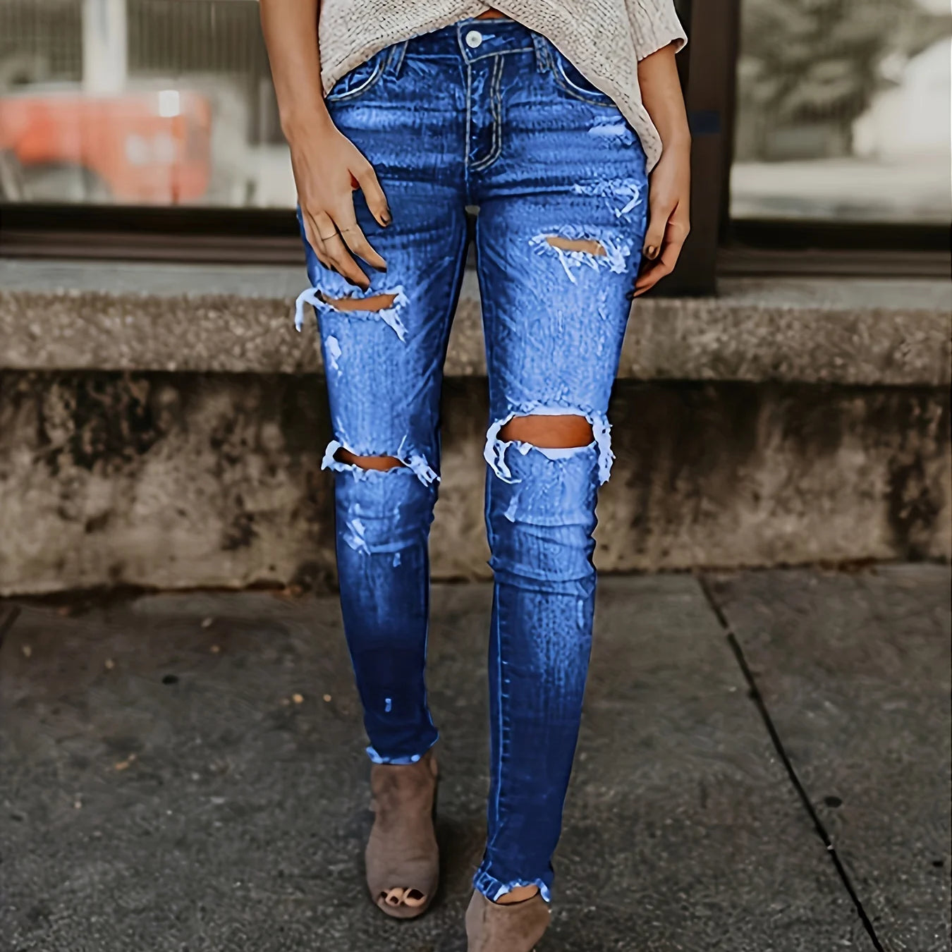 Blue Ripped Skinny Jeans, Distressed Slim Fit Slash Pockets Raw Hem Denim Pants, Women's Denim Jeans & Clothing Blue