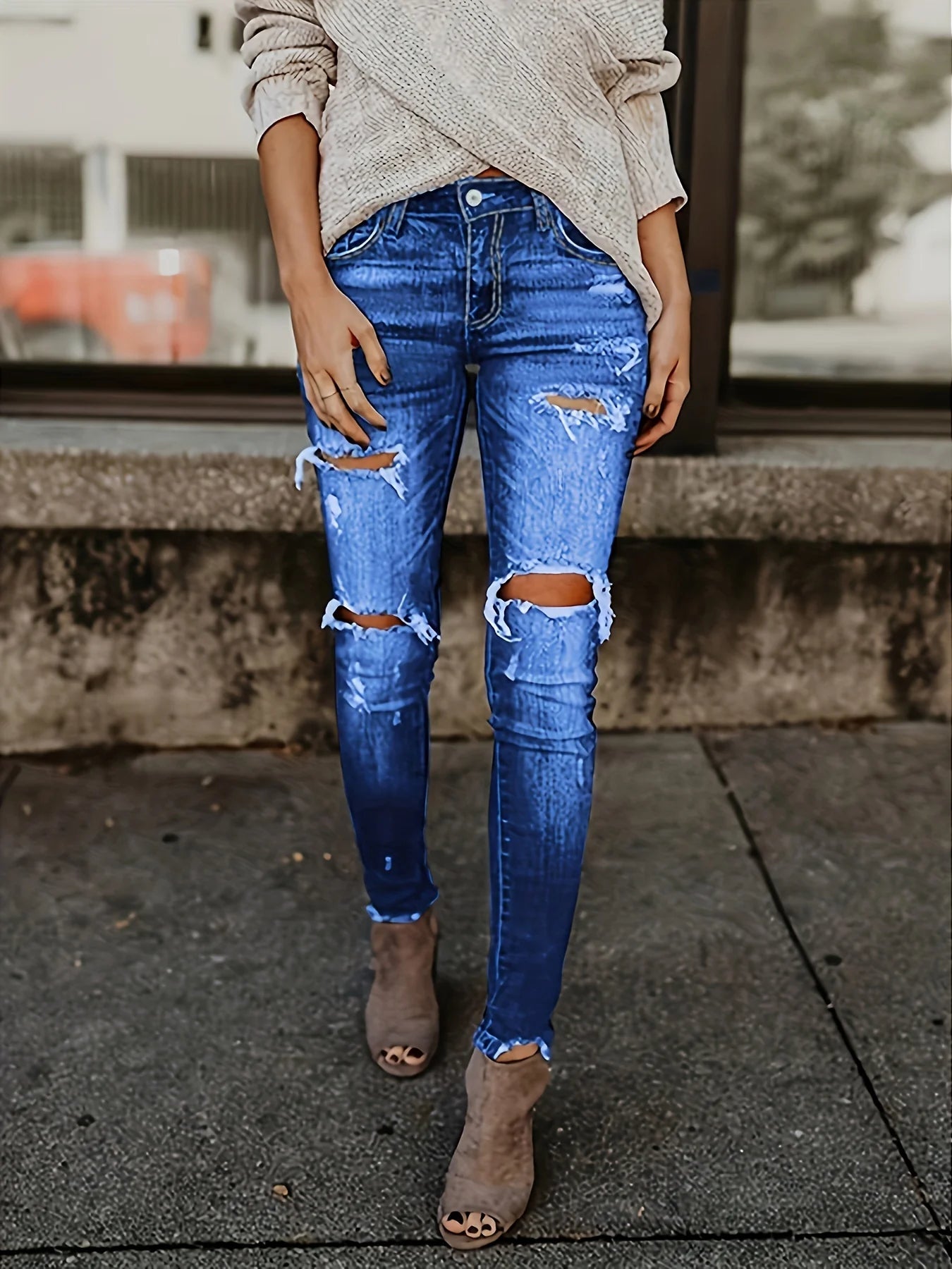 Blue Ripped Skinny Jeans, Distressed Slim Fit Slash Pockets Raw Hem Denim Pants, Women's Denim Jeans & Clothing Blue