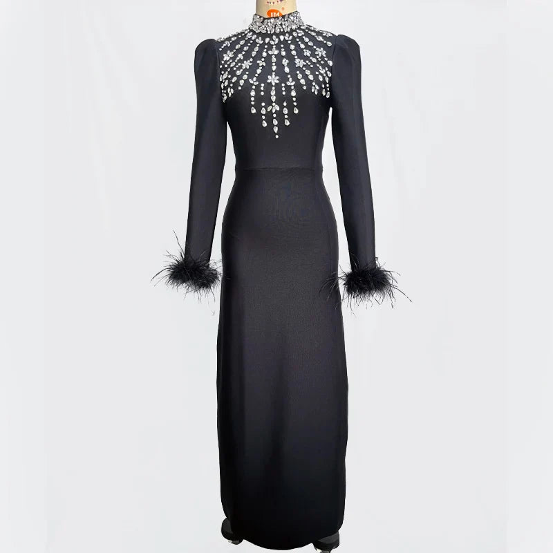 Black Red Color Women Long Sleeve Shinning Crystals Long Maxi Dress Celebrate Elegant Evening Party Outfit Vestido