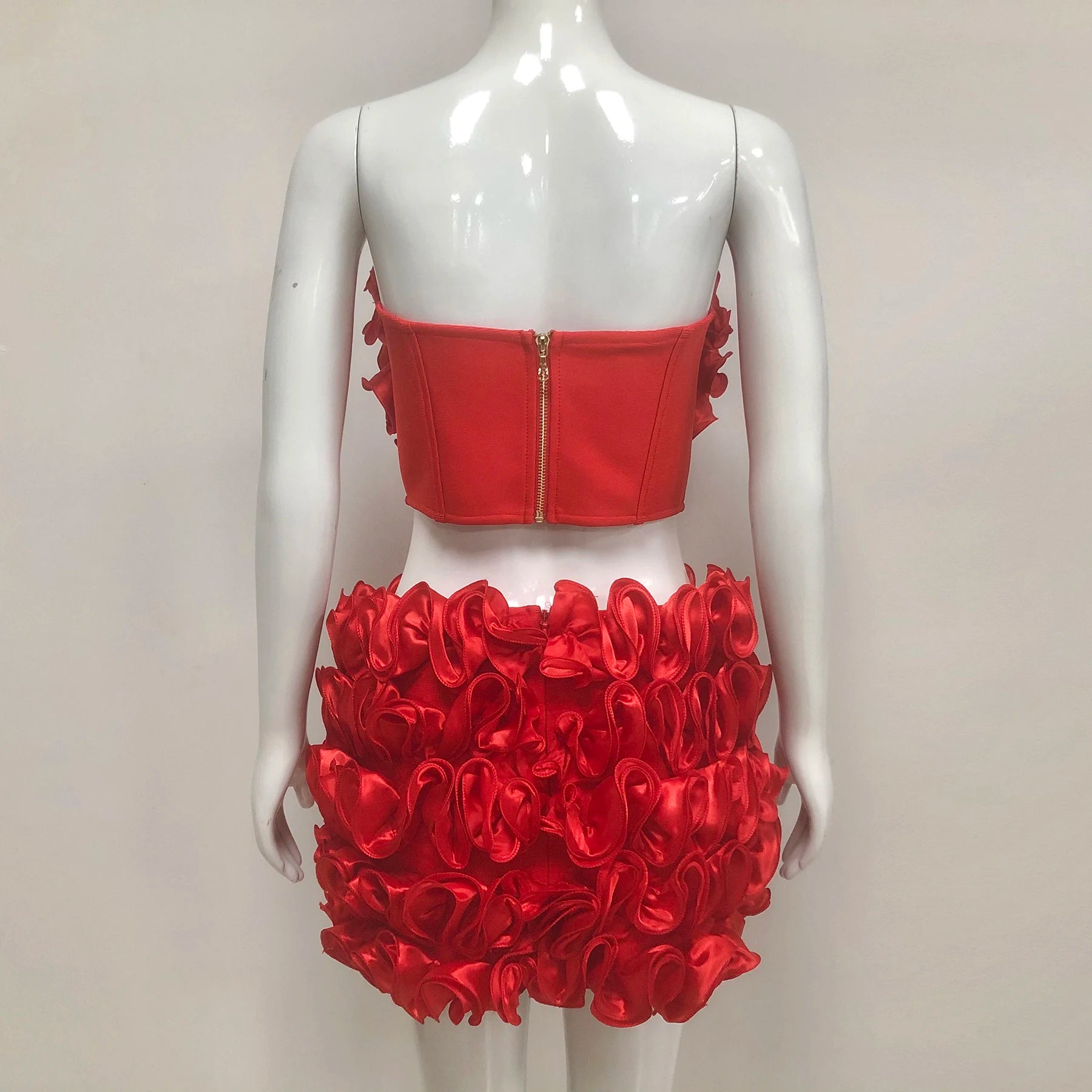 Red Color Women Sexy Strapless Full Florals 2 Pieces Bodycon Mini Bandage Dress Celebrate Birthday Party Girls' Outfit