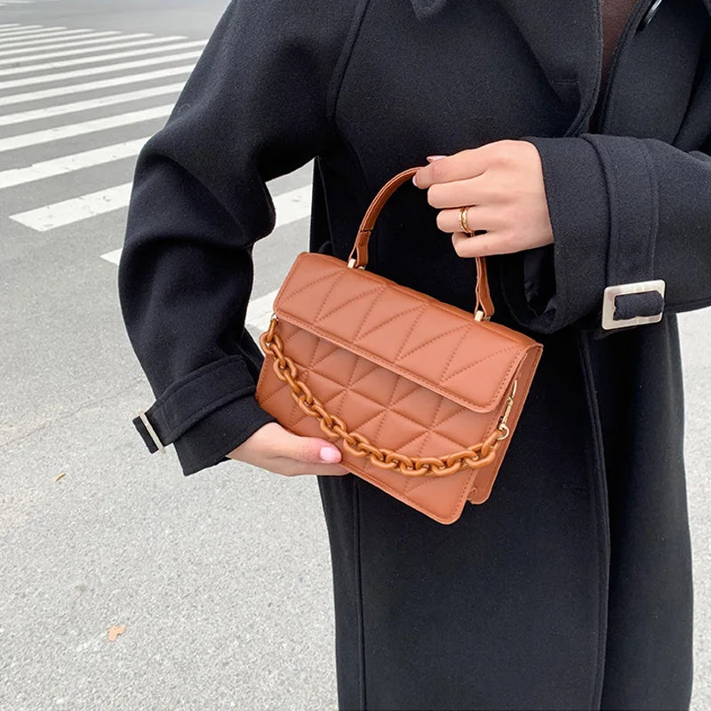 Solid Plaid Crossbody Bags For Women, Chain Decor Fashion Shoulder Bag Ladies Handbag