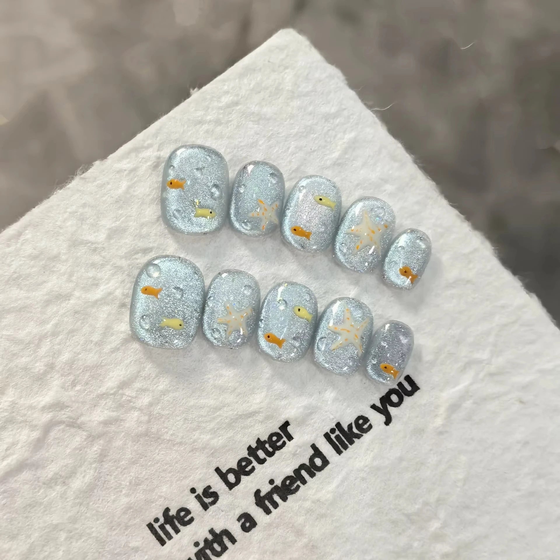 10pcs Handmade Press on Nail Ice Blue Ocean Star Ice-transparent Texture False Nail for Women&Girl Short Oval Wearable Nail