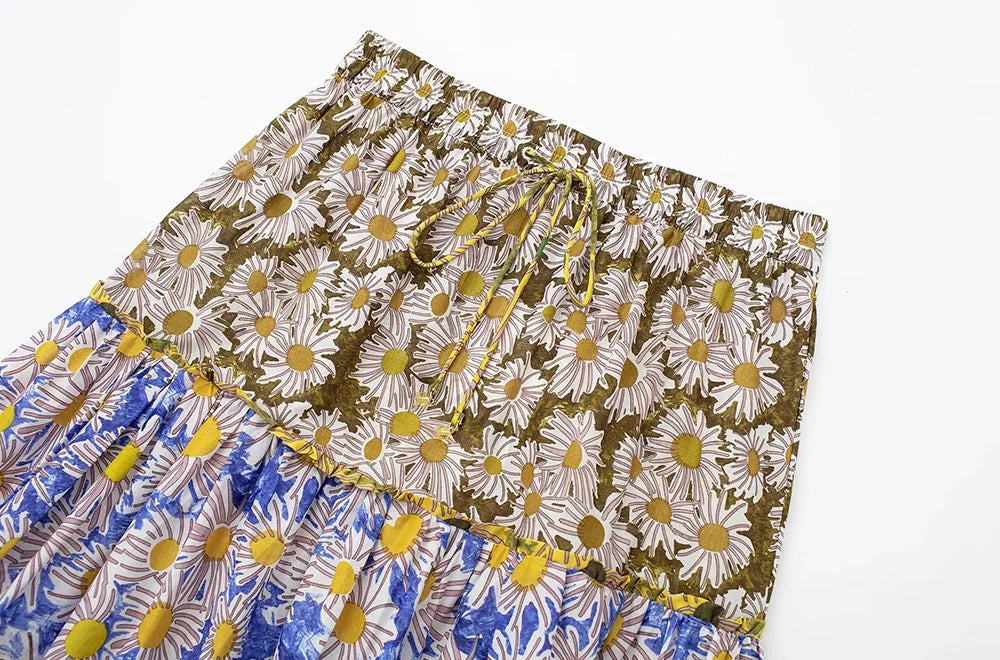 TRAF Women Fashion Printed Pleated Midi Skirt Vintage High Elastic Waist With Drawstrings Female Skirts Mujer casual clothes