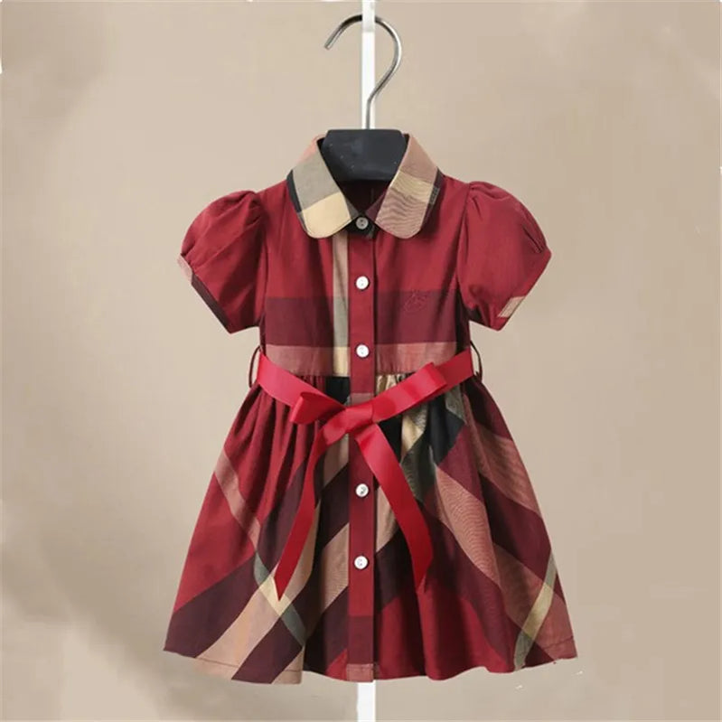 Girl Dress Fashion Plaid Shirt Dress for Girls Single-breasted Kids Party Dress with Sashes Autumn England Clothes for Girls Red