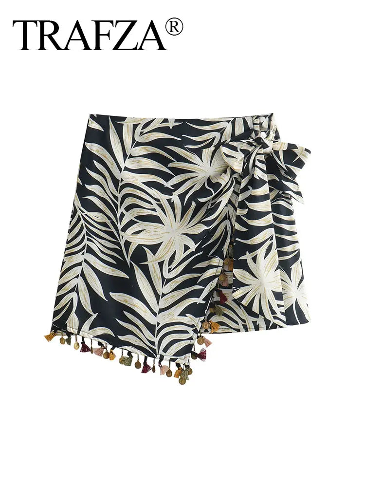 TRAFZA Women's Zipper Short Skirt Street Clothing Unique Tassel Pendant Elegant Women's Summer Retro Print Asymmetric Mini Skirt