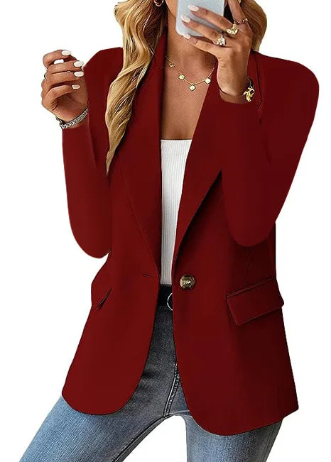 Blazer Woman Clothing Korean Style Outerwear Long Sleeved Top Solid Color Cardigan Autumn Winter Office Lady Jacket Elegant Coat Wine red