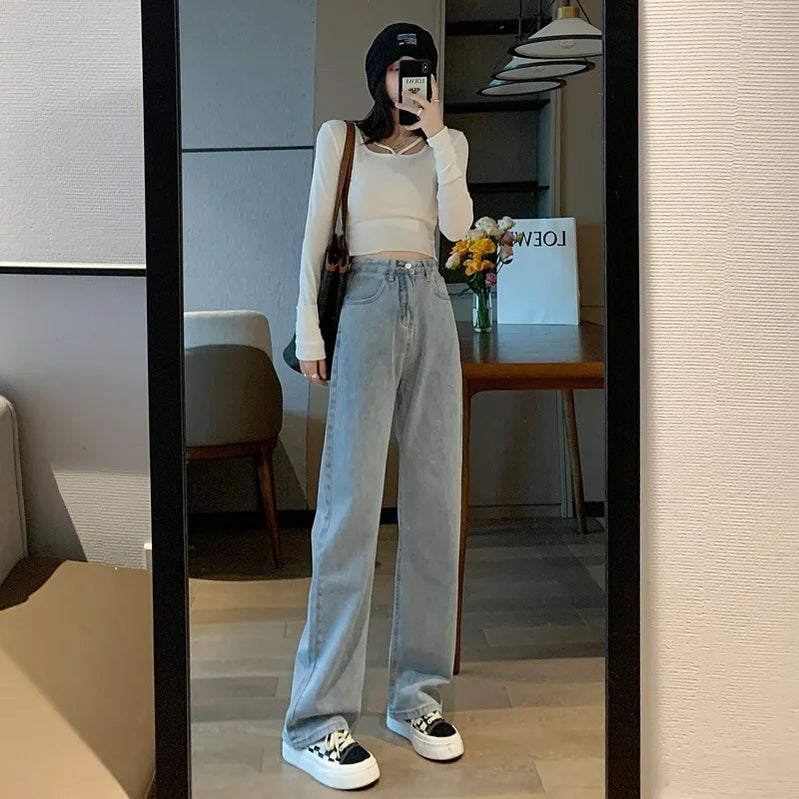 Women's High Waist Wide Leg Jeans Summer Thin Vintage Straight Leg Pants Fashionable Floor Mopping Jeans Light blue