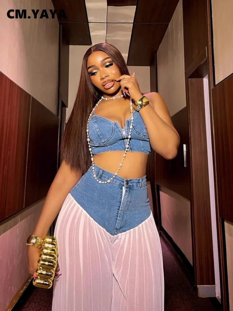 CM.YAYA Fashion Denim Chiffon Women's Set Strapless Crop Top and Jeans Pants Suits 2025 Sexy Party Club Two 2 Piece Set Outfits