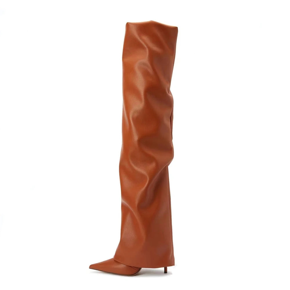 Women's High Boots Nude Black Brown Over Tight High Boots Sexy Pointed Toe Spike Kitten Heels Knight Boots Shoes Woman brown