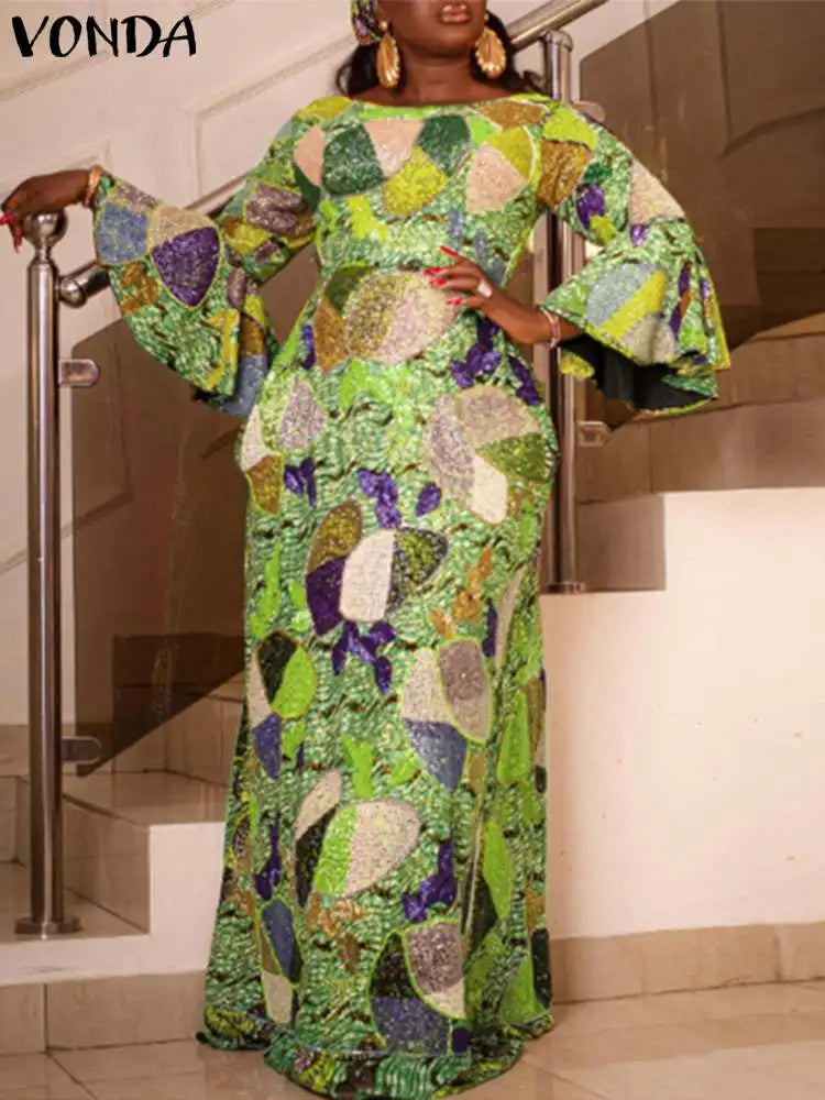 Plus Size 5XL Elegant Women Maxi Dress Autumn Long Flare Sleeve Casual Printed Elegant Long Shirt Sundress Party Vestidos Yellow