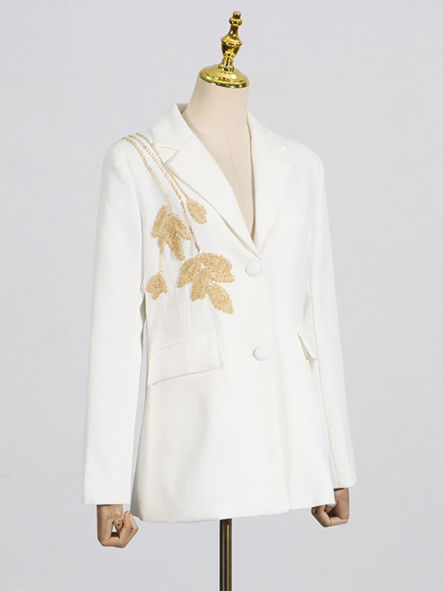 TWOTWINSTYLE Solid Slimming Two Piece Sets for Women Lapel Long Sleeve Patchwork Bead Top High Waist Pant Temperament Set Female