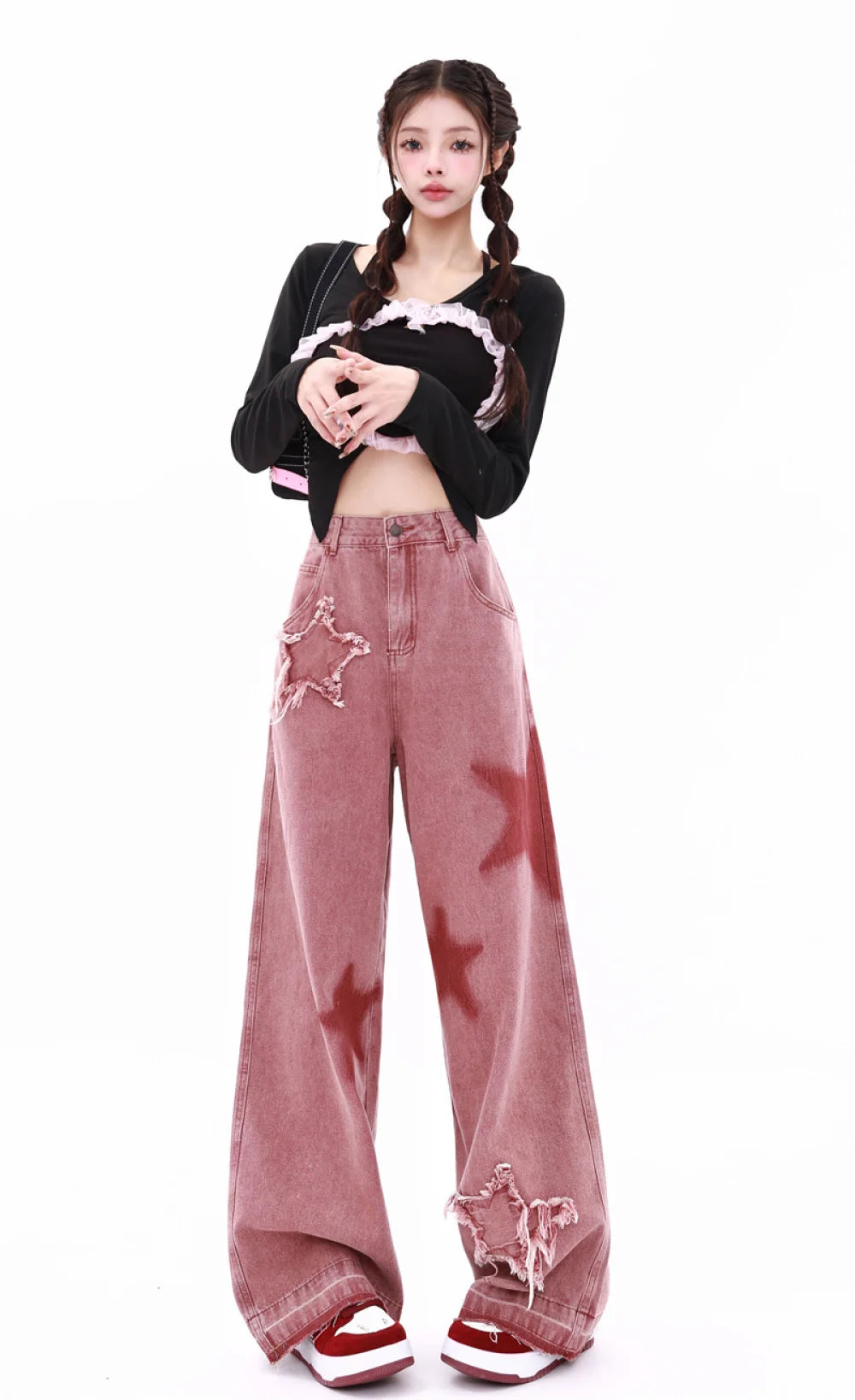 Embroidery Star Jeans for Women Autumn New In Corset High Waist Jeans Pants for Women Straight Pink Winter Wide Pants Women Y2K