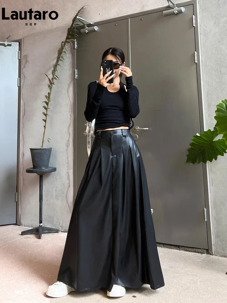 Spring Autumn Luxury Long Pleated Black Soft Pu Leather Maxi Skirt Women High Elastic Waist Korean Style Clothes 2023