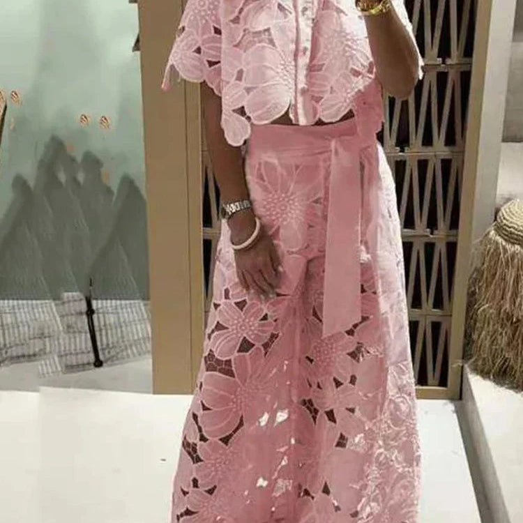 Sexy Women Lace Embroidery Hook Flower Hollow 2 Pieces Summer Temperament Solid Color Tailored Collar Top+Wide Leg Pants Suit