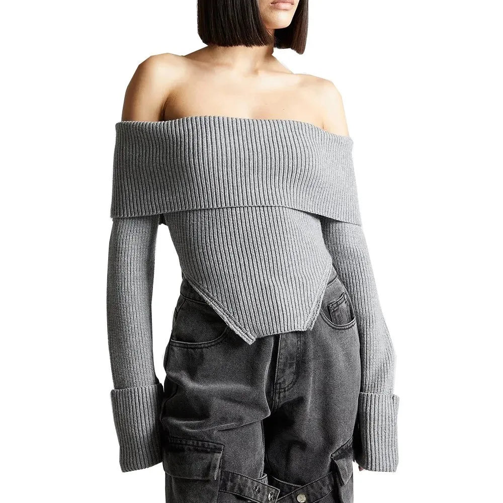 Solid Temperament Sweaters For Women Slash Neck Long Sleeve Tunic Irregular Minimalist Sweater Female Fashion Style