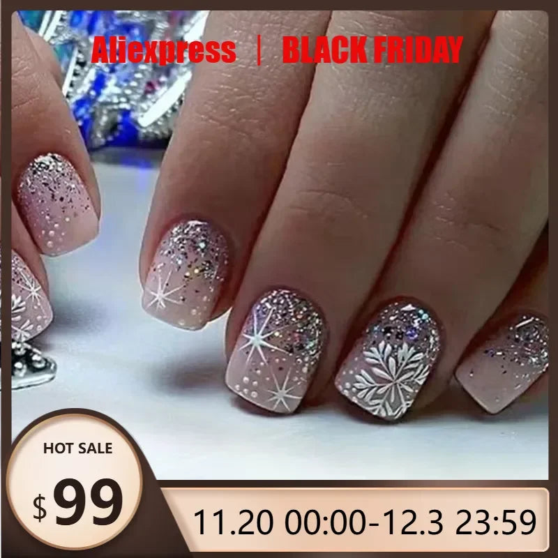 24Pcs Winter Collection Press on Nails Silver Glitter Gradient with White Snowflake and Four-Pointed Star Perfect Gift for Girls