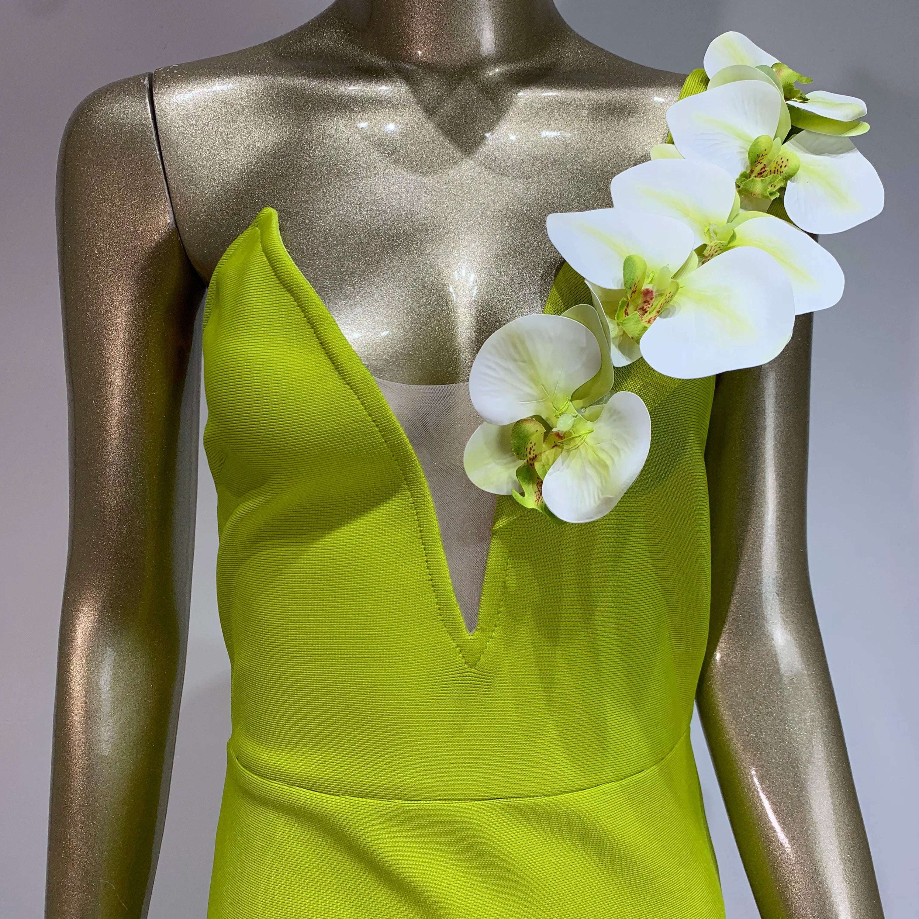 Vestido longo longo colado ao corpo, sexy, de um ombro, com flores verdes, elegante, para festa à noite, para celebridades