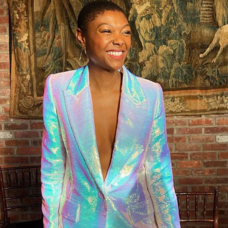 HIGH STREET Newest Designer Runway Suit Set Women's Single Button Glitter Sequined Blazer Shorts Set