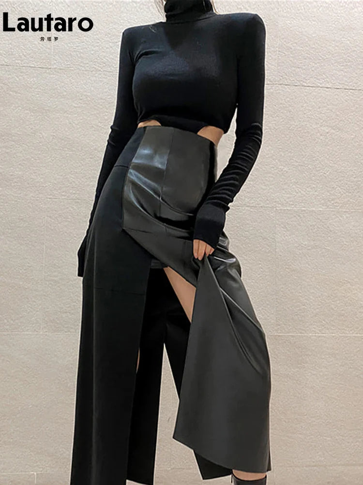 Spring Autumn Long Sexy Patchwork Pu Leather Midi Skirt Women with Slit High Waist 2024 Luxury Designer Clothes Fashion Black