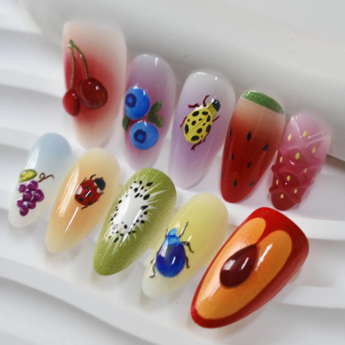 10pcs Wearable Handmade False Nails Cute Colorful Cartoon Design Fake Nail Tip Rhinestone Fruit Stick on Nail Art Press on Nails