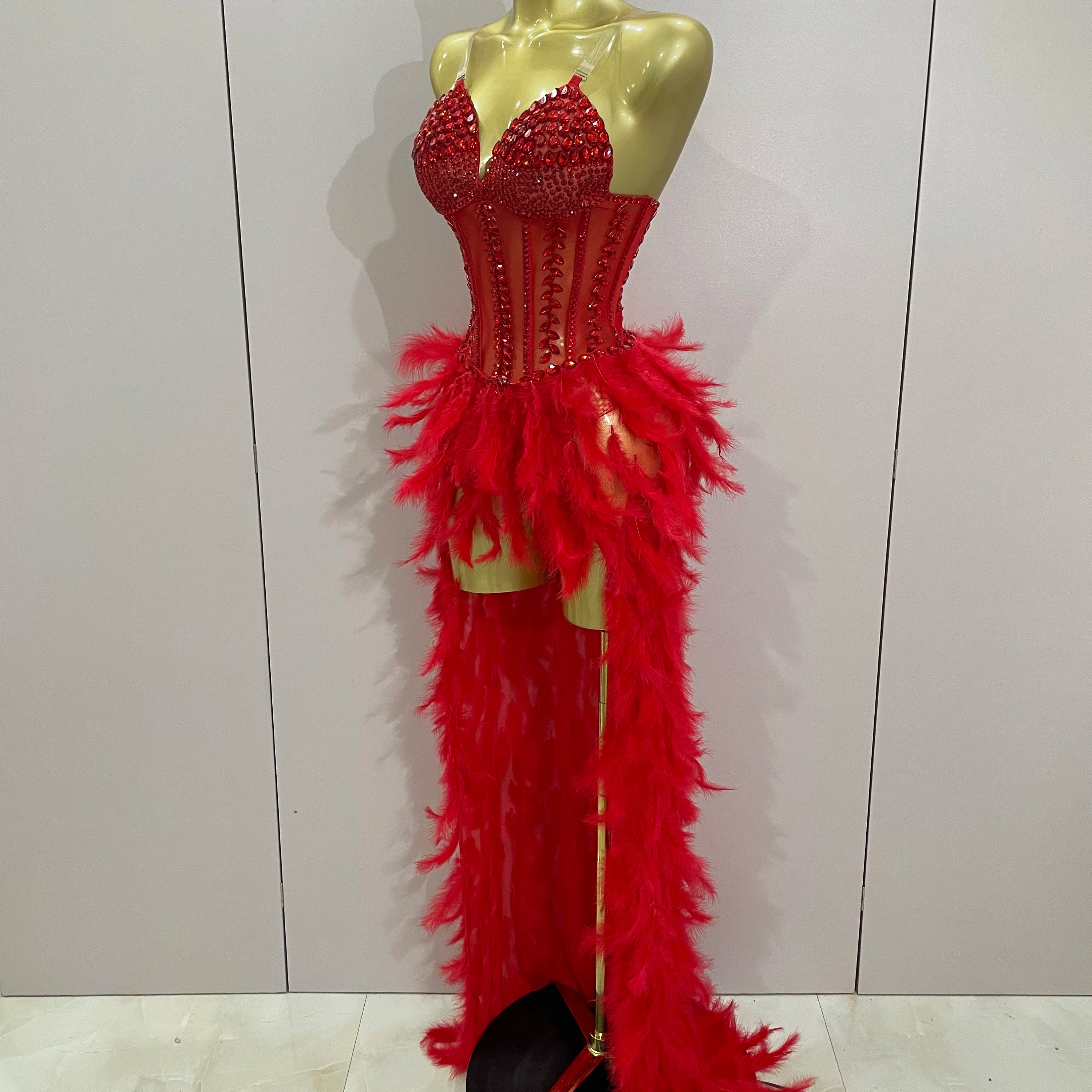 Luxury Sparkly Rhinestones Feathers Long Tail Dress Sexy Mesh Transparent Stage Bodysuit Evening Party Celebrate Birthday Dress