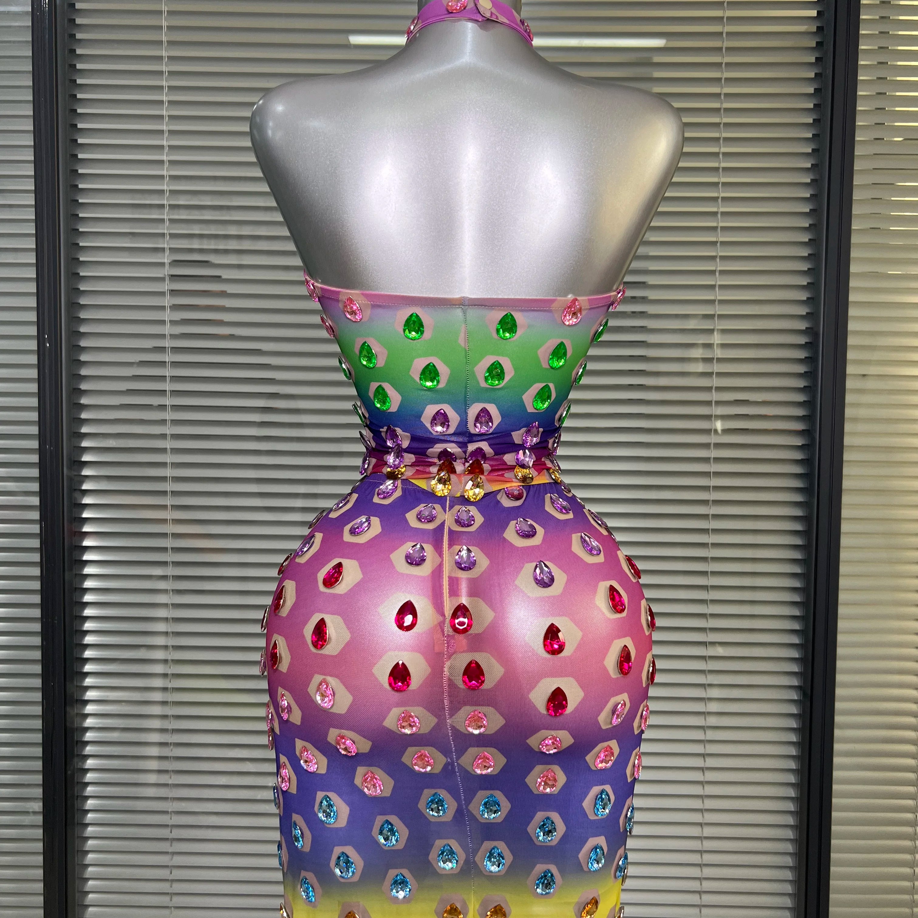 Women Sexy Two Pieces Set Women Crystal Diamond Night Club Halter Skirt Suits Singer Dancer See Through Stretchy Stage Costume