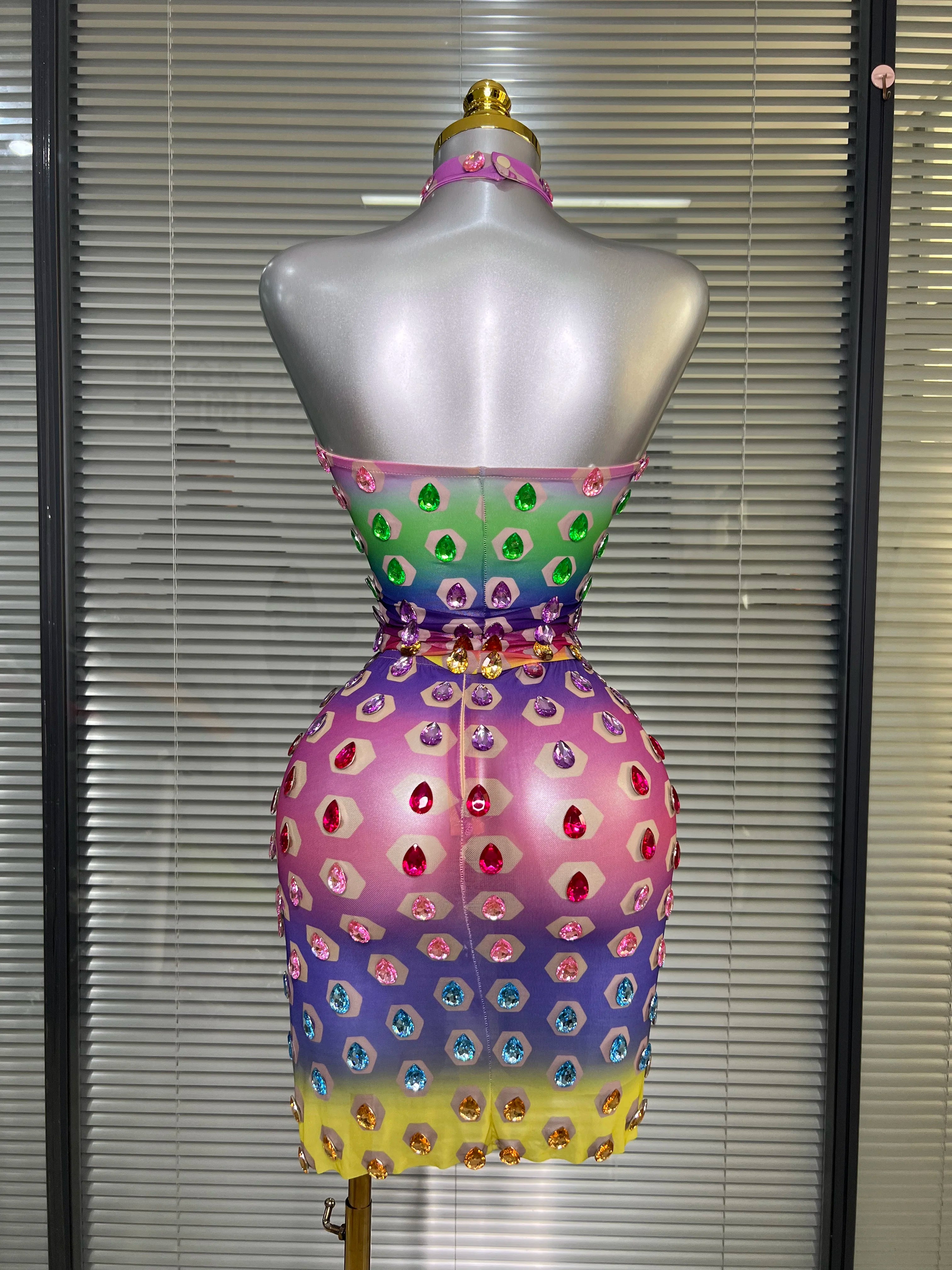 Women Sexy Two Pieces Set Women Crystal Diamond Night Club Halter Skirt Suits Singer Dancer See Through Stretchy Stage Costume