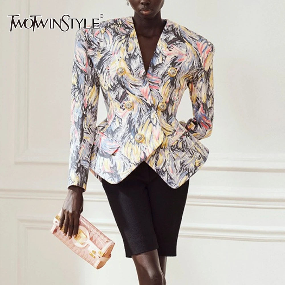 TWOTWINSTYLE Hit Color Spliced Printing Fashion Jackets for Women V Neck Long Sleeves Patchwork Button Elegant Jacket Female New