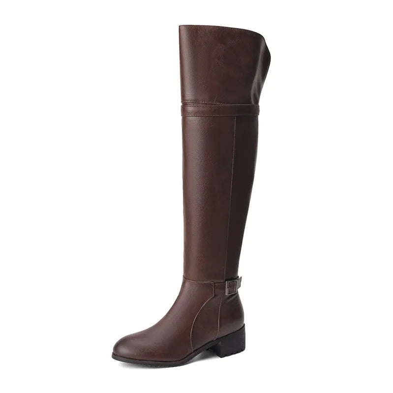 SIMLOVEYO Women Thigh Boots 48cm Round Toe Chunky Heels 4cm Belt Buckles Size 46 47 48 Leisure Ridding Booty