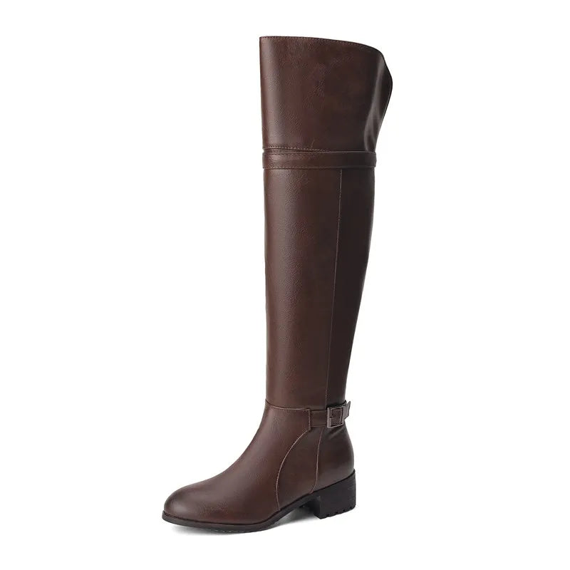 SIMLOVEYO Women Thigh Boots 48cm Round Toe Chunky Heels 4cm Belt Buckles Size 46 47 48 Leisure Ridding Booty