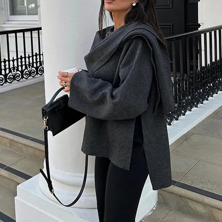 New Fashion Scarf Collar Woolen Jackets For Women Elegant Long Sleeved Side Split Casual Coats Female Chic Autumn Overcoats