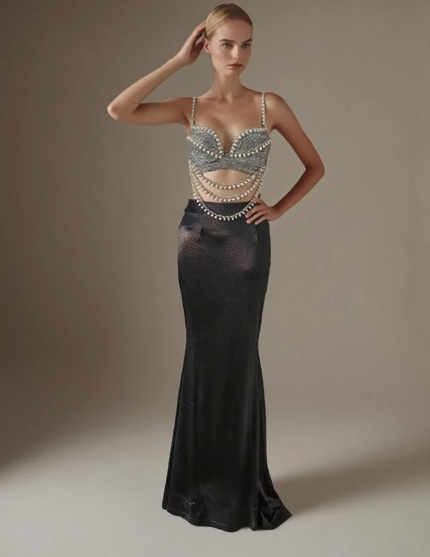 Summer Women Sexy Shinning Crystal Tops 2 Pieces Bodycon Long Dress Elegant Evening Birthday Party Cocktail Outfit