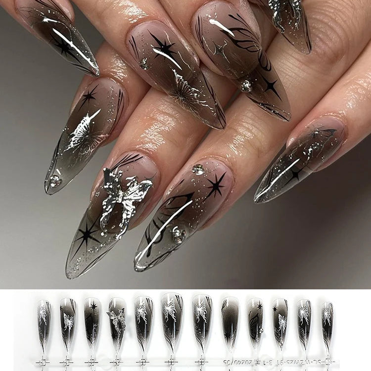 Black Cool Fake Nails Halloween Bat Press on Nails Almond Decorated Nail Tips Rivet Bow False Nails 24pcs Reusable Acrylic Nails