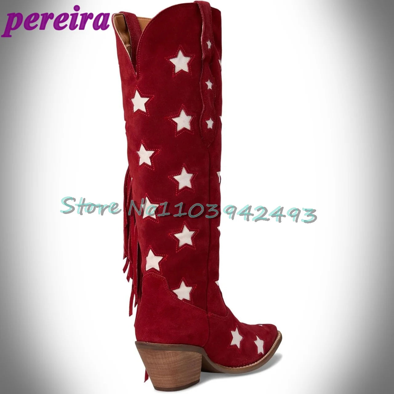 Red Star Pattern Cowboy Boots Women's Knee High Fringe Suede Botas Fashion Western Style Booties Ladies Outdoor Footwear Shoes