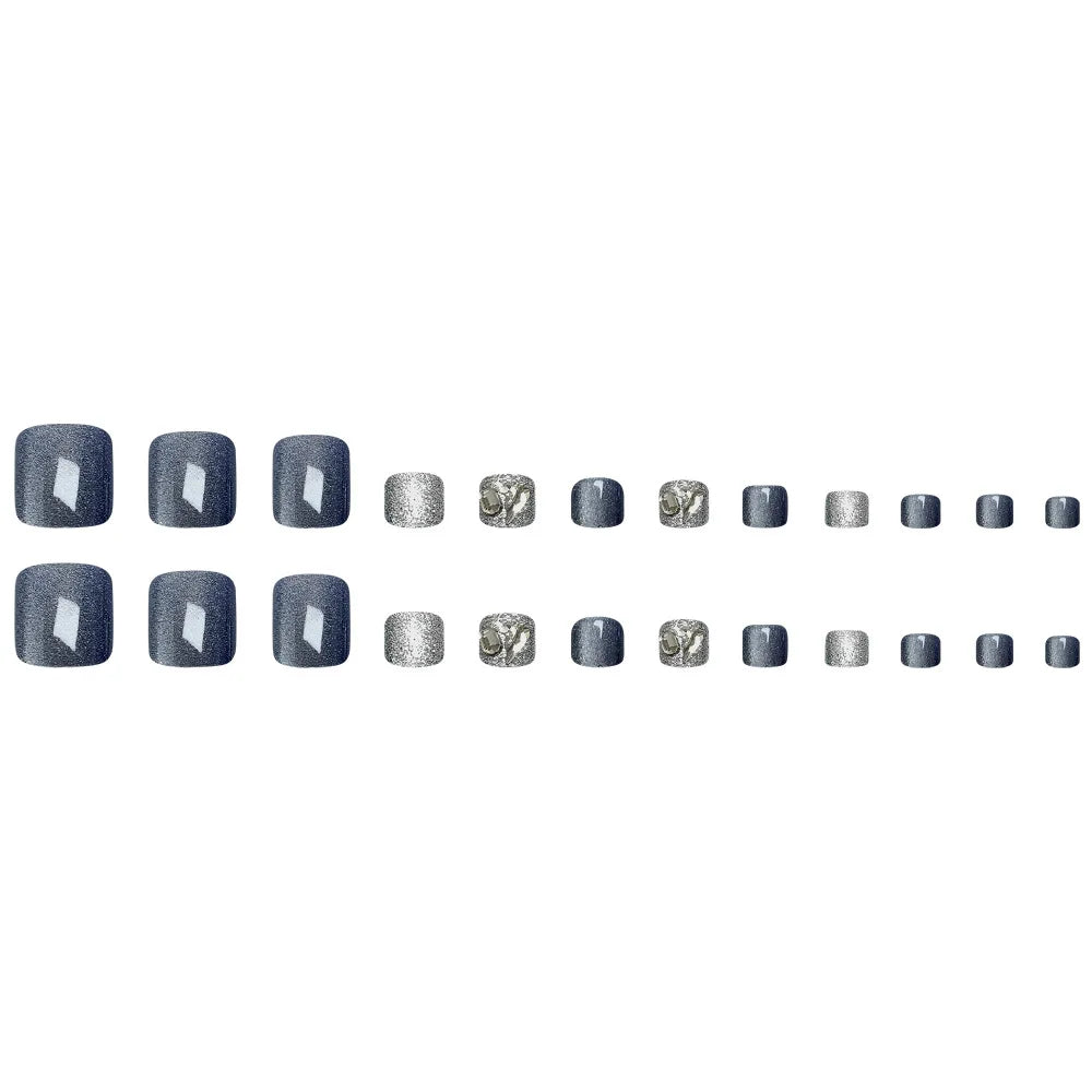 24pcs Blue Cat Eye False Toenails shiny Rhinestone Decor Fake Toenails Wearable Reusable Fashion Korean Press on Toenails