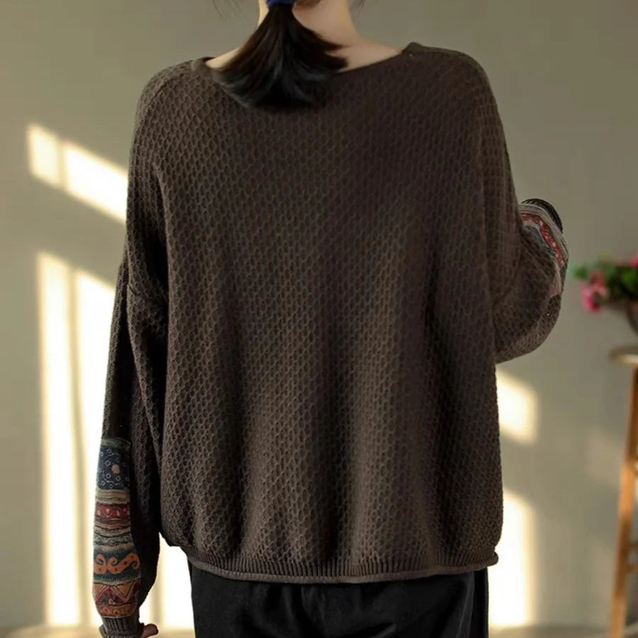 Vintage Print Patchwork Sweater Spring Fall Fashion Women's Loose Casual Long Sleeve Knitting Pullovers Female Elegance Knitwear