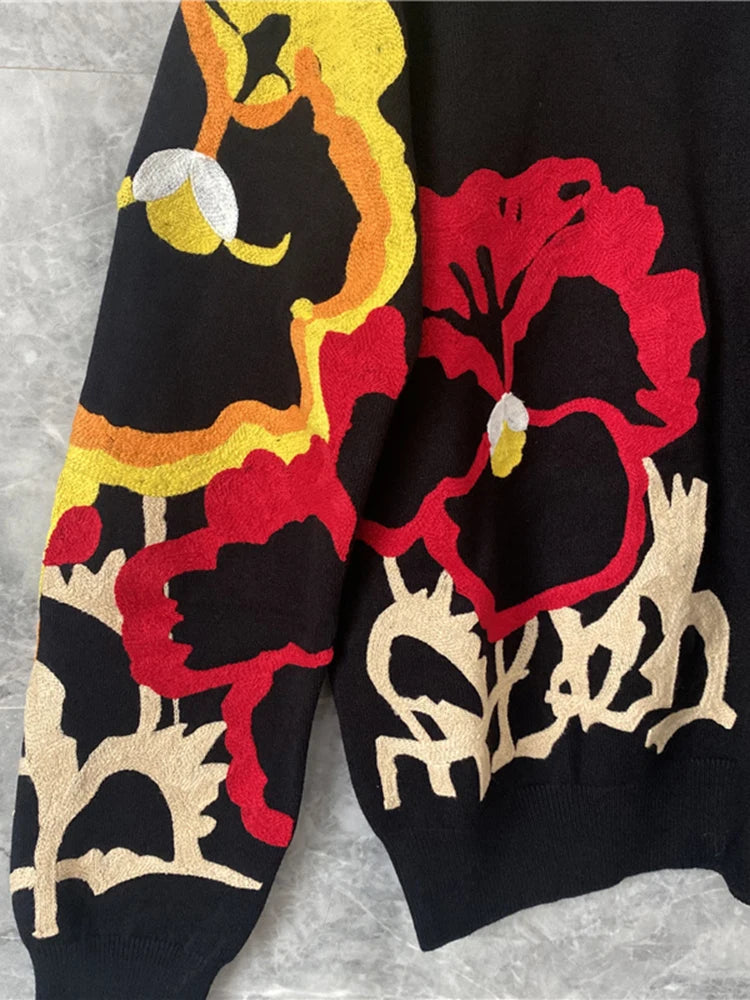 Black Floral Embroidery Pullover Women Boho Long Sleeve O Neck Autumn Winter Jumper Top Loose Knitted Sweaters