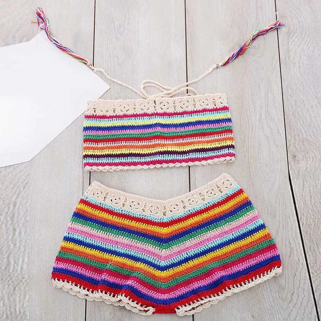 Y2k Knit Striped Bikini Swimsuit Two Piece Tankinis Swimwear Sexy Lace Up Bandeau Bathing Suit Hawaiian Seaside Beach Swimsuit