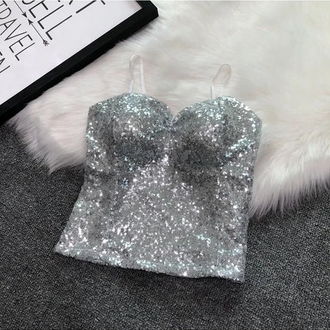 Women's Fashion Sexy Women Nick Sparkling Sequins Vest Harness At Night Binder Chest Silver One Size