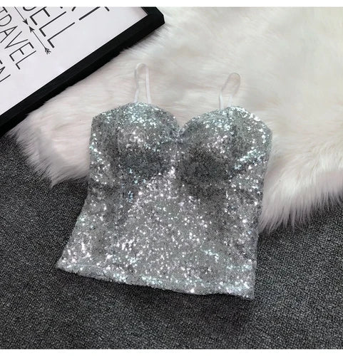 Women's Fashion Sexy Women Nick Sparkling Sequins Vest Harness At Night Binder Chest Silver One Size