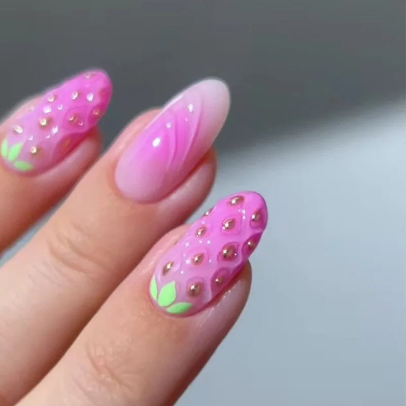24pcs Finished Fake Nails Set Wearable Pink Long Almond False Nail Watermelon Pattern Design Press on Nails Tips Flower Manicure