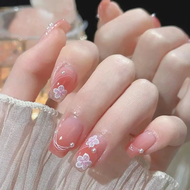 24pcs/set short medium fake nails beautiful flowers design fall winter square ballet acrylic tips press on false nail art supply