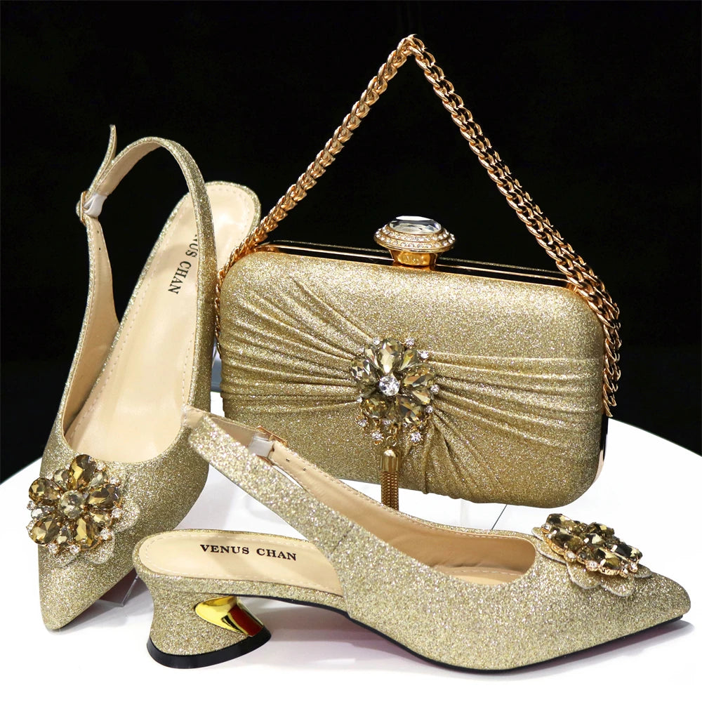 Striper Snake Pattern Rhinestone Flower Summer Shoes for Women Sandals Shoes and Bag for Party Gold