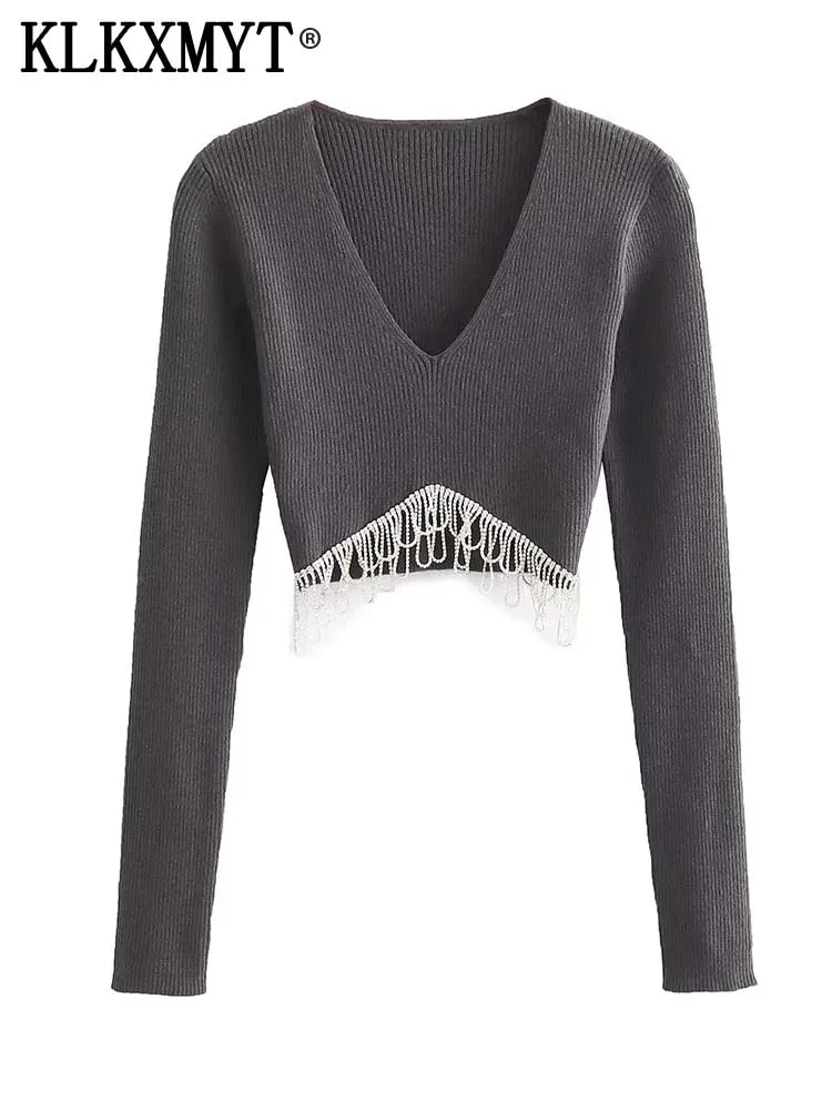 Women Fashion V Neck Ribbing Knitting Short Blouse Female Hem Diamond Tassel Slim Shirt Female Chic Blusas Tops