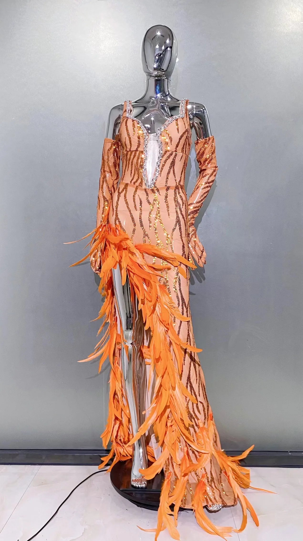 Women Luxury Sexy V Neck Feather Beading Mesh Sequins Sparkly Maxi Long Gowns Dress Elegant Celebrity Evening Party Club Dress