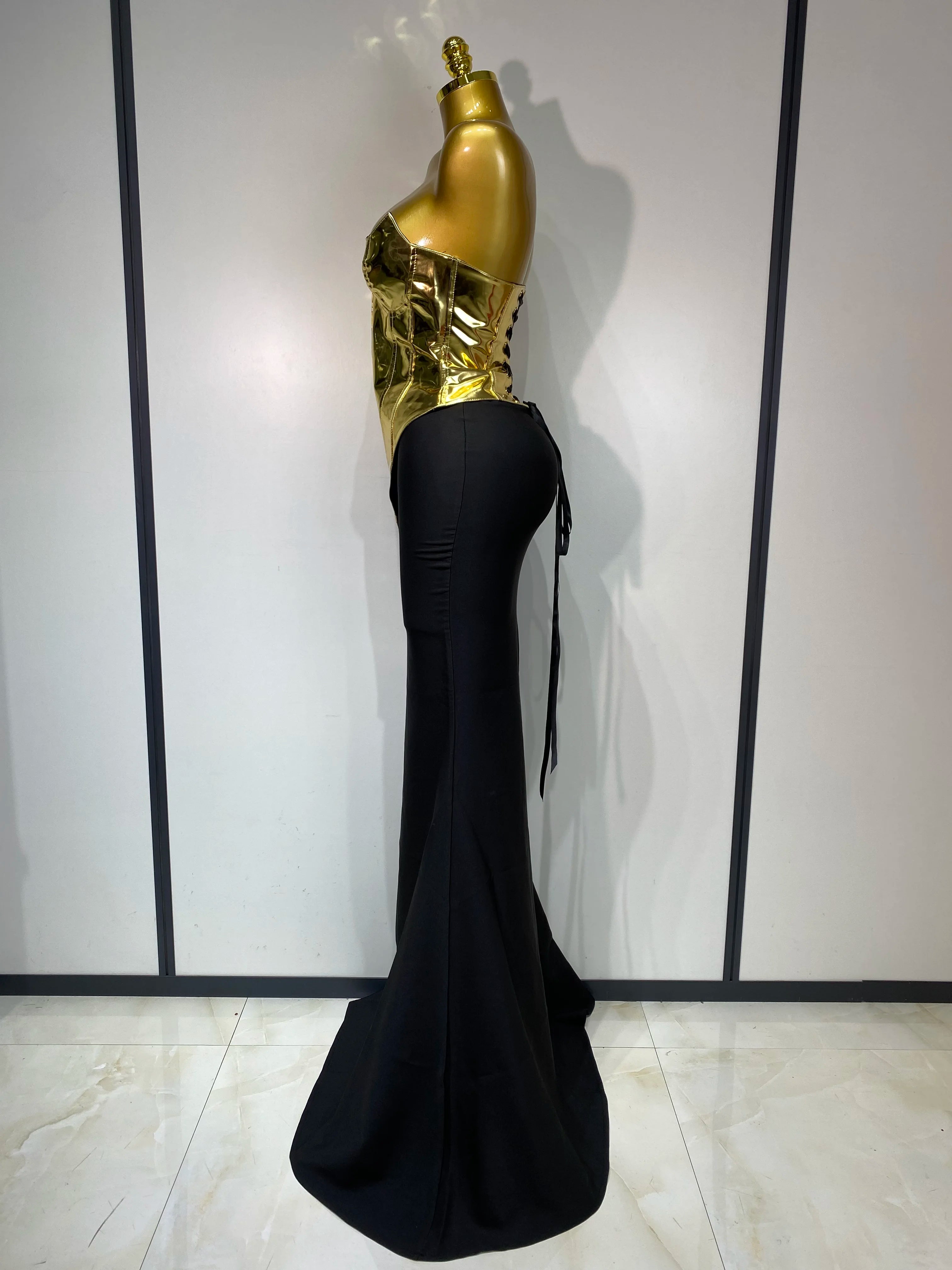 High Quality Women Sexy Strapless Gold Two Piece Set Celebrity Elegant Evening Party Maxi Skirt Suit Luxury Birthday Club Gown