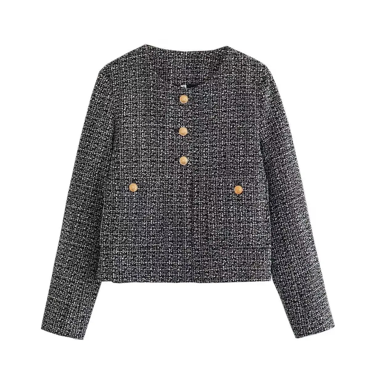 Short Tweed Coat Women Autumn Fashion Elegant O-neck Long Sleeve Botton Frayed Pockets Jackets Female Outwear Office Lady Coats gray