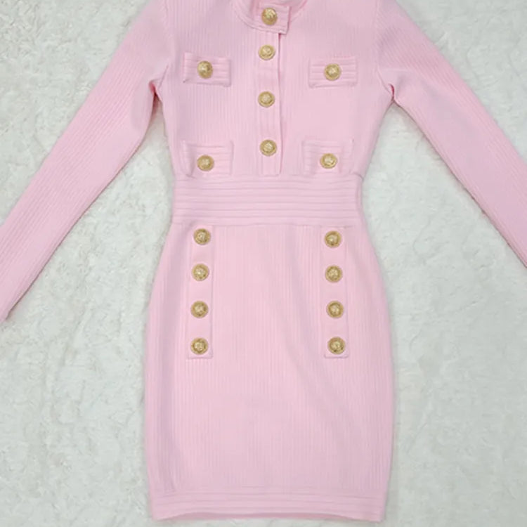 Winter Style Sexy Long Sleeve Key Hole Button Pink Mini Women Bodycon Bandage Dress Elegant Evening Club Party Dress