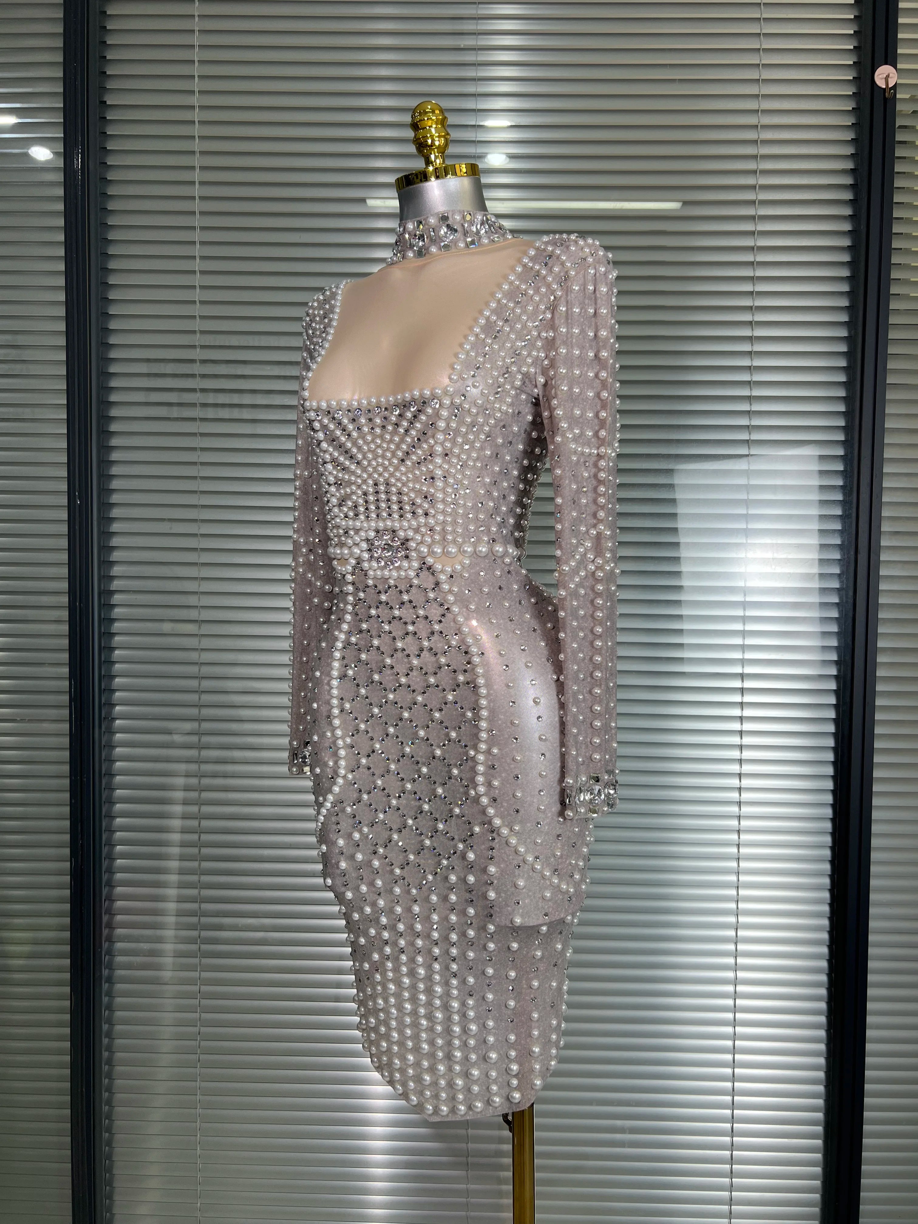 New Women Sexy Long Sleeve Stretched Mesh Sequins Party Dress See Through Party Singer Party Costume Stage Performance Dress