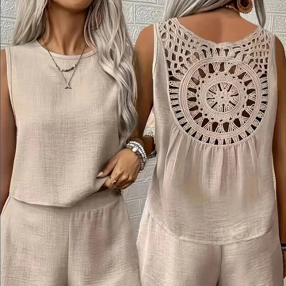 Women’s Plus Size Linen Sets Hollow Out Back Round Neck Sleeveless Vest And Shorts 2-Piece Set Summer Female Daily Vacation Sets